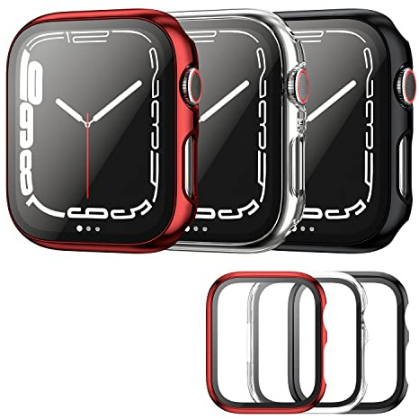 Haojavo Skyddsfodral kompatibelt med Apple Watch Series 7 45 mm, 3 stycken fodral, 2-i-1-hölje, hårt skydd och HD-härdat skärmskydd, tillbehör för iWatch 45 mm galvaniskt fodral för kvinnor och män