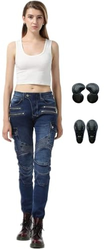HULG Pantaloni da Moto da Donna,Pantaloni da Moto Biker Jeans Protezione Motorcycle Pantaloni Rinforzato Slim Fit Armature Pants, 4 X Pad di Protezione (Blue,M)