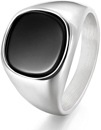 TRUMIUM 18K Gold Plated Signet Rings for Men Women Black Onyx inlay Silver Wedding Bands Lightweight Thick Statement Ring Comfort Fit Size 9