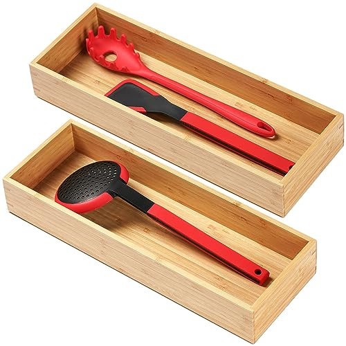 Umilife Bamboo Kitchen Utensils Organizer, Extra Long High Silverware Drawer Holder, Flatware Cutlery Storage Box, Multi-Use Drawer Divider in Office, Bathroom, Pantry - 17x6x2.5 (Set of 2)