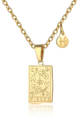 RIXERKOC Signo del Zodiaco Collar para Mujeres Constelación Tarot Colgante Doble Cara 18K Oro Inoxidable Signo del Zodiaco Joyería Regalos para Chicas (Piscis)