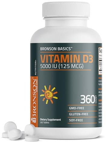 Bronson Vitamin D3 5000iu (125mcg) Healthy Muscle Function and Immune Support, Non-GMO, 360 Tablets