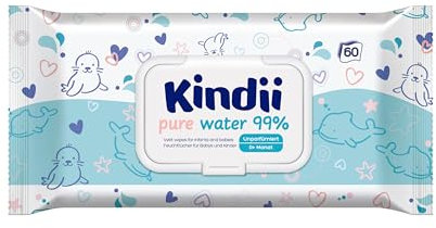 Kindii Pure Water Toallitas húmedas Pure Aqua para Bebé - (60 Piezas) Toallitas Húmedas - 99% agua, alantoína, sin perfume, dermatológicamente probado, piel sensible - 60 Piezas
