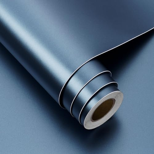 FunStick 60CMx5M Metal Peel and Stick Wallpaper Dark Blue Vinyl Wrap for Kitchen Cupboards Refrigerator Metallic Sticky Back Plastic for Kitchens Navy Blue Self Adhesive Waterproof Bathroom Wall Paper