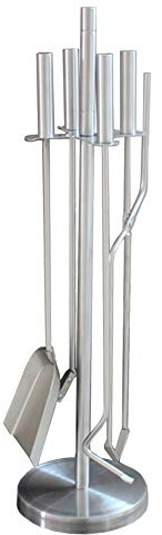 Set da Camino in Argento da 5 Pezzi: Scopa, Pala, Pinze E Attizzatoio con Supporto - Altezza 66 Cm Stanze E Ambienti per Caminetti