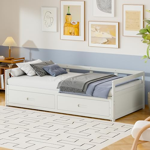 REXO Sofá cama extensible 90/180 × 200 cm con cajones y somieres, cama de pino con espacio de almacenamiento (blanco)