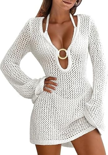 Women's Beach Crochet Cover-Up Summer Knit Swimwear Mesh Bathing Suit Hollow-Out Mini Dress Vacation Bikini White