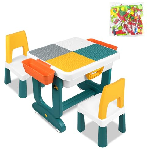 YRHome Multifunktionellt barnbord med 2 stolar lekbord dubbelsidigt aktivitetsbord 300 stycken byggstenar barn bord stol set för barnrum