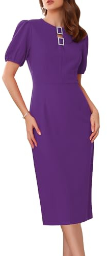 WOMLAYOUT Women's Formal Sheath Dress Puff Sleeve Keyhole Round Neck Elegant Business Midi Pencil Dresses Purple M