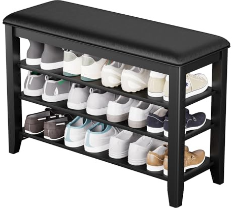 Taitiy Shoe Bench with 3 Tier Adjustable Shelves Rubberwood Entryway 31.5''