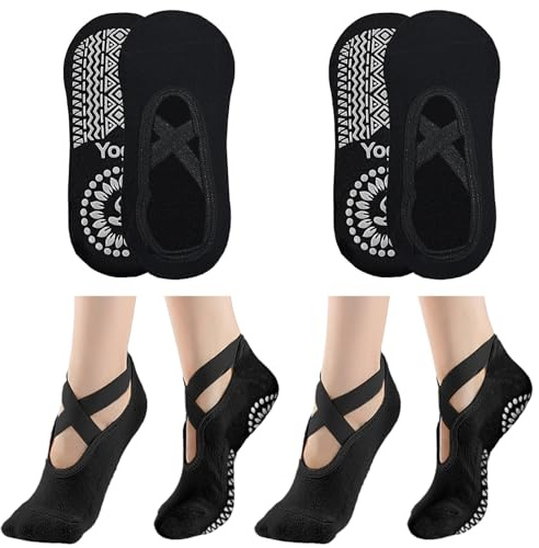 KEYRI 2 Pairs Non Slip Socks Yoga Pilates Socks for Women Girls, Trainer Grippy Sock Anti-Slip Grips & Straps, One Size Breathable Cotton Sock for Fitness Ballet
