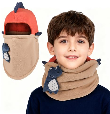QKURT 1 pasamontañas de Dinosaurio de Invierno para niños pequeños, Gorro térmico a Prueba de Viento, Gorro de Punto cálido, Bufanda, pasamontañas de Punto de Invierno para niños de 3 a 8 años