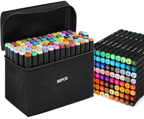 Shoze Colouring Pens - 80 Colors Markers Twin Tips Permanent Marker Set Art Pens Oily Alcohol Graphic Markers for Adults Drawing Graffiti Sketching Manga Books (Black)