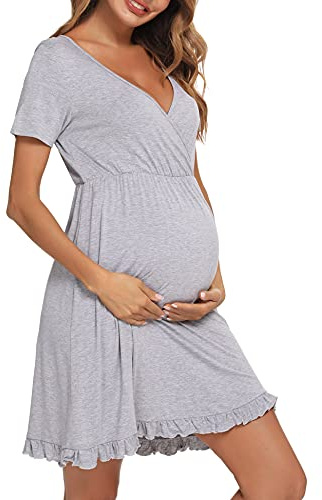 Doaraha Chemise de Nuit Femme Coton Allaitement Maternité Robe Grossessee Manche Courte Col V Doux Pratique et Confortable Grande Taille S-XXL