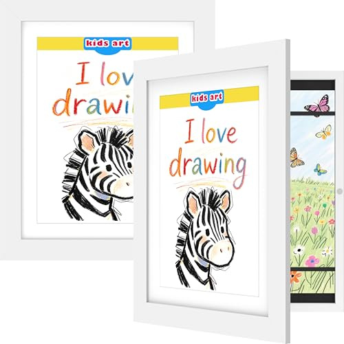 FrameWorks 2-Pack 10x12.5 White Wooden Kids Art Frame with Magnetic Door – Display for 3D Artwork, Photos, Crafts – Gallery Style Edges Wall Decor for Home, Playroom, Easy Access Frame for Creativity