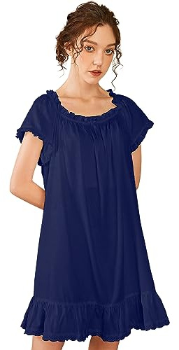 Nanxson Camisón Mujer Algodón Manga Corta Ropa de Dormir Verano Camisones Victoriano Pijamas Loungewear (S, Navy)