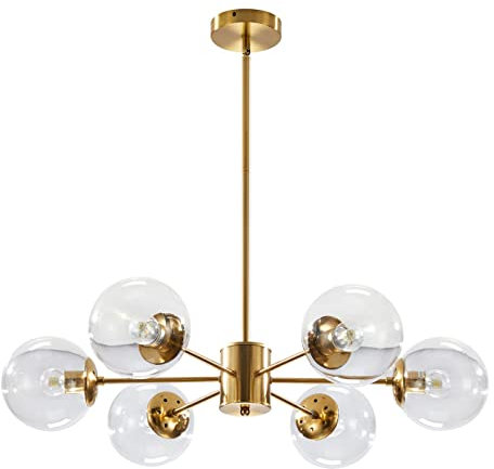 KCO Lighting Modern - Lámpara de araña de 6 luces con globo de vidrio transparente de mediados de siglo ajustable, lámpara colgante de techo de latón dorado