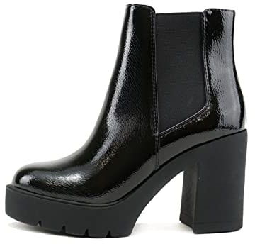 Soda EDITOR ~ Women Lug Sole High Heel Chelsea Fashion Ankle Boot w/Double Elastic Gore (Black Crk Patent, 10)
