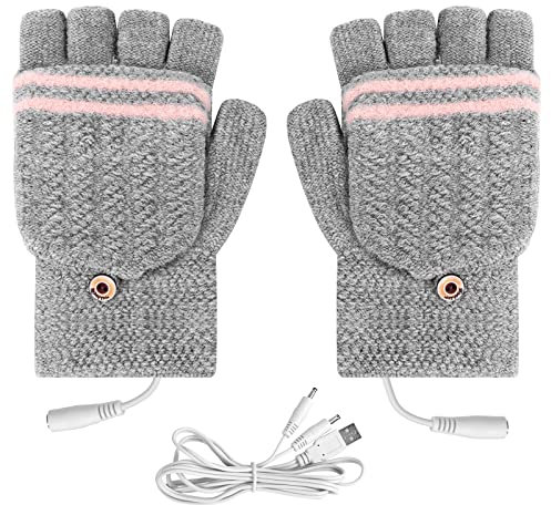 Flintronic Guantes Calefactables y Térmicos USB con Cubierta para Dedo - Guantes de Tejer Unisex y Lavables para Invierno/Ciclismo/Esquí/Portátiles/Oficina - Gris