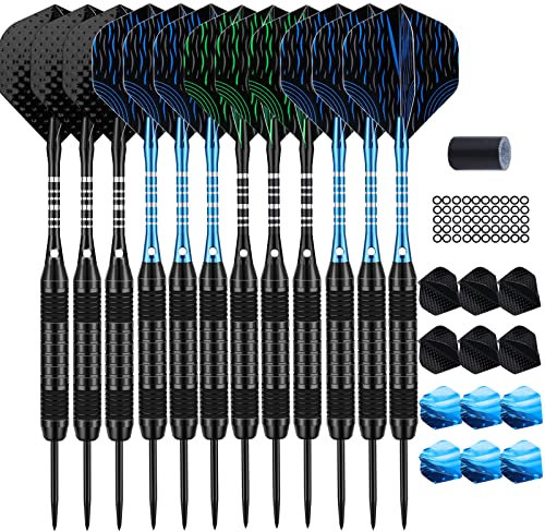 DARTSPACE 12 Stück Dartpfeile mit Metallspitze 24 Gramm, Steeldarts mit Prämie schwarz blau Aluminum Schaft 24 Flights 50 Orings 1 Darts Sharpener
