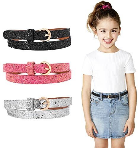 WERFORU 3 Stück Kinder Skinny Gürtel Glitter PU Ledergürtel für Mädchen Bunte Mädchen Gürtel mit Goldschnalle für Jeans Kleid