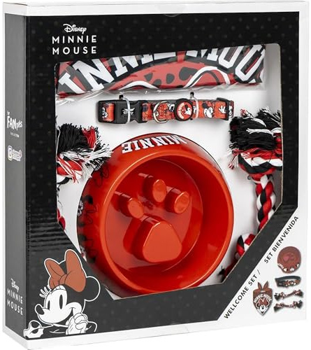 CERDÁ LIFE'S LITTLE MOMENTS Minnie Mouse Welcome Gift Set for Dogs - Pink - Minnie Design - Size 28 x 30 x 6.8 cm - Feeder, Bandana, Ropes and Collar - Original Product Designed in Spain