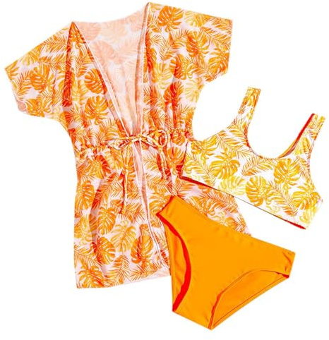 Ensembles de Bikini 3 Pieces Maillot De Bain Enfant Fille 8-11 Ans Haut De Maillot De Bain Debardeur + Tanga + Paréo Manche Courte Fille Floral Chic Pas Cher Plage Piscine (Orange, 10 Ans)
