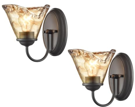 DANSEER Rustic Finish Wall Sconce Vintage Vanity Light with Amber Glow Glass Shade for Bathroom Living Room Hallway Staircase Set of 2