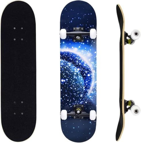 ERNAN Komplett skateboard för nybörjare, 31 x 8 tum (79 x 20 cm) dubbel kick-skateboard för barn, tonåringar och vuxna. Med Skate T-verktyg. (Blå måne)
