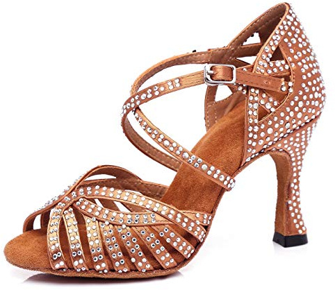 MINITOO Zapatos de baile latinos de salsa para mujer con cristales, L380 Brown 9 cm Tacón, 42 EU
