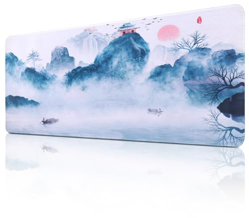 JIZZU Gaming musmatta, 800 x 300 mm XXL musmatta skrivbordsunderlägg, bläckmålning, musmatta stor, vattentät, med halkfritt gummigolv, för kontor, spel, PC, bärbar dator (blå)