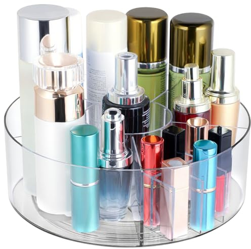Lauviomify Rangement Maquillage Rotatif 360° – Grand Organiseur Maquillage Transparent Stable – Pot à Crayon Bureau & Organisateur Cosmétique Polyvalent pour Table Coiffeuse (PET+PP)