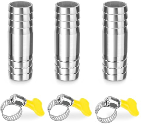 Recto Manguera Barb de Acero Inoxidable, 3 Piezas 16x55mm Conector de Lengüeta con Abrazaderas, 2 vías en Forma de I Racores de Manguera Adaptador para Agua, Aire