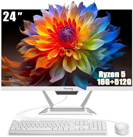 suevery All-in-One PC 24 AIO Desktop Computer AMD Ryzen5 512G SSD DDR4 16G RAM 1080P Gaming PC 23.8 FHD Business Display for Home Office with Keyboard & Mouse
