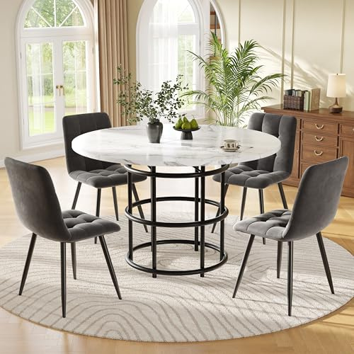 Crlnaup Matbordsset (5 delar), matbordsset med 4 stolar, köksbordsset, runt matbord med 100 cm diameter, vit MDF-bordsskiva, grå sammet-matbordsstol