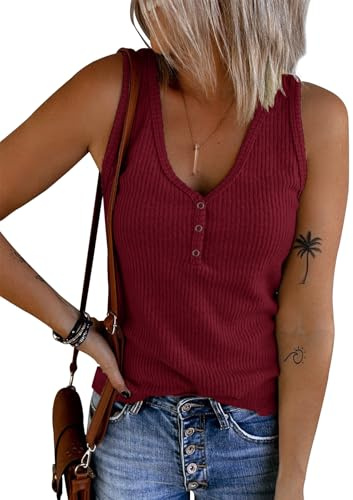 Tuopuda Débardeur Femme Haut Chic col en V Débardeurs Décontracté T-Shirts sans Manche Chemises Boutonné en Tricot Côtelé Gilet Sexy Printemps Eté Tunique Crop Tops(Bordeaux,S)