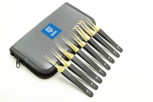 SMI 8-teilige Wimpernpinzette Set, Gebogen & Gerade, Spitz für Wimpernverlängerung, Falsche Wimpern, 3D & 6D Volumen, Edelstahl, Gold & Schwarz, mit Etui