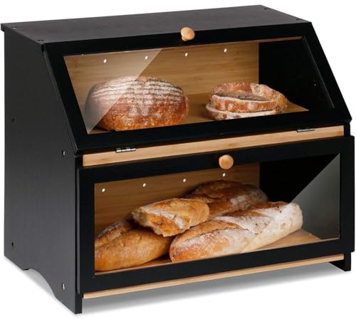 HOMEKOKO Double Layer Large Bread Box for Kitchen Counter, Wooden Large Capacity Bread Storage Bin (Black)
