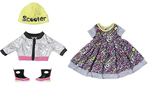 BABY born Deluxe Scooter Outfit, buntes Puppenkleid mit Jacke, Mütze und Stiefeln für 43 cm Puppen, 830208 Zapf Creation