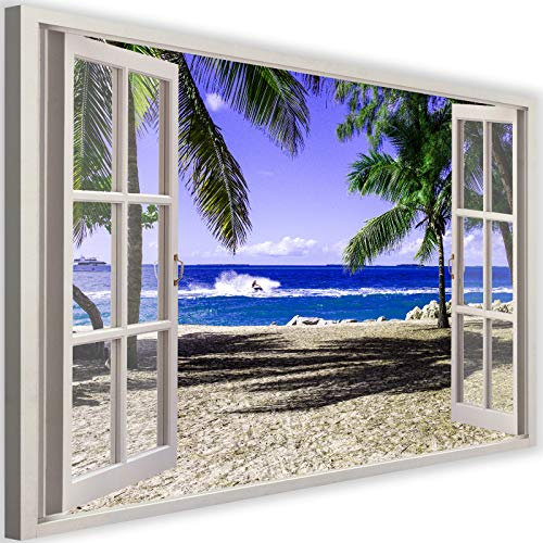 Feeby Impression sur Toile Intissee Océan Plage Palmiers 120x80 cm Art Image Deco Artistique Salon Esthétique Vue De La Fenêtre Illusion 3D bleu