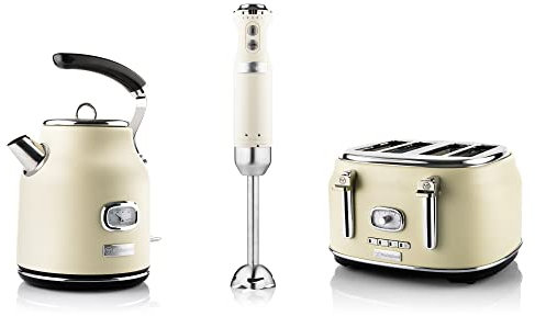Westinghouse Retroline Frühstück-Set Weiß, Toaster, Stabmixer & Wasserkocher, 1.7 Liter und Kalkfilter, Vier Schlitz Toaster mit Brötchenaufsatz, Stabmixer mit 4 Geschwindigkeitsstufen