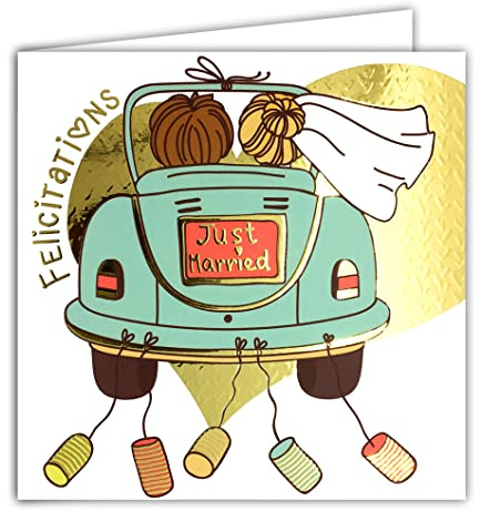 22113 Carte avec Enveloppe Carrée 15x15cm FÉLICITATIONS MARIAGE Just Married Cœur en Or Doré Brillant texturé Voiture Couple Mariés Hétérosexuels Cérémonie Vœux Bonheur Joie -Fabriqué en France