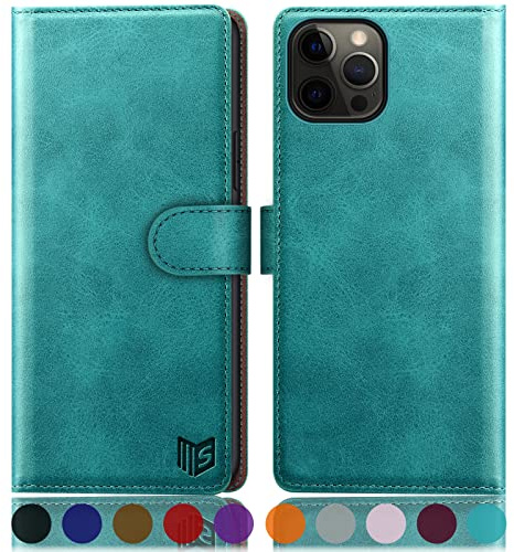SUANPOT iPhone 12 Pro Max Case - 6.7 Inch Flip Book Cover with Credit Card Holder & RFID Blocking - PU Leather Protective Case for Apple iPhone 12 Pro Max - Blue Green