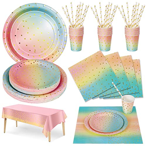 Nkaiso Vajilla de Fiesta,126 Piezas Arcoiris Puntos Dorados,Set de Juego de Platos y Cubiertos, cubertería de cartón, Vasos y servilletas,para cumpleaños,Aniversarios (25 Invitados)
