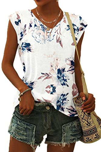 WNEEDU T-Shirt Damen Sommer V Ausschnitt Tank Top Locker Bluse Oberteile Top Sommer Damen Leicht und Luftig mit Flügelärmeln Weiße Blume XXL