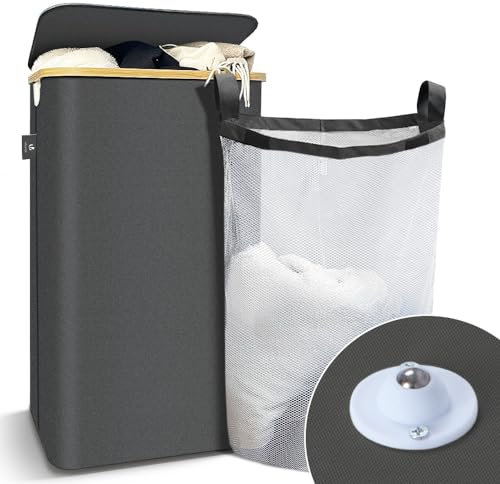 VOUNOT® Cesto Portabiancheria 100L con Ruote, Cesta Biancheria Sporca con Coperchio e Manici in Bambù, Porta Biancheria Pieghevole Cesta Panni Sporchi per Bagno o Lavanderia Vestiti, Grigio