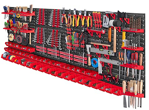 KADAX Estantería de pared para herramientas grande, 232 x 78 cm, sistema de almacenamiento de plástico resistente, sistema modular resistente a los rayos UV, paneles de pared (rojo, 132 piezas)