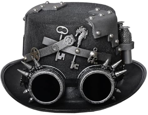 GRACEART Chapeau haut-de-forme Steampunk unisexe pour Halloween - Accessoire de déguisement avec lunettes et engrenages (Style D, M-58 cm)
