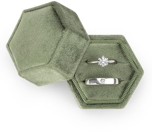 Etercycle Velvet Jewelry Ring Box, Hexagon Premium Gorgeous Vintage Double Ring Gift Box with Detachable Lid for Proposal Engagement Wedding Ceremony (Green)