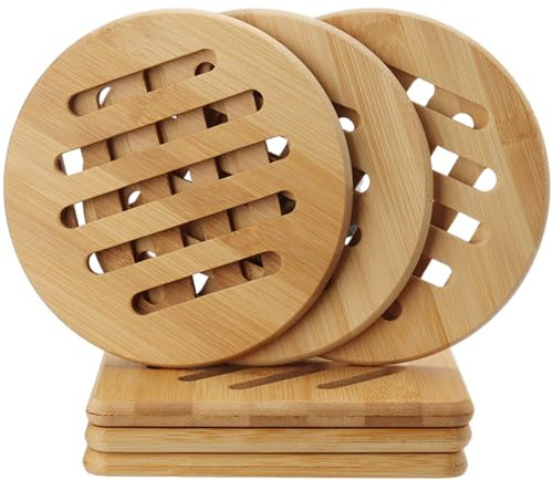 ZOENHOU 6 Stück Hitzebeständiger Topfuntersetzer Bambus14,8 cm, Quadratisch und Rund, Rutschfestes Waschbar Untersetzer für Kochtöpfe, Pfannen, Geschirr und Besteck, Bambus, Holzfarbe